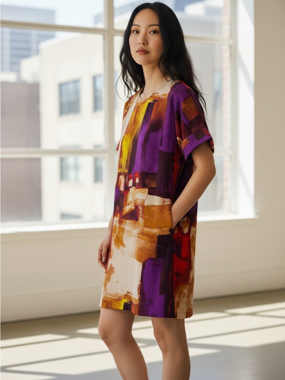 Natori Cuffed-sleeve Colorful Dress Sz S Art to Wear Party